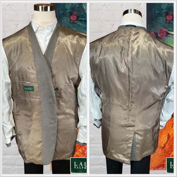 Ralph Lauren LRL Mens 48L Tan Brown Houndstooth Silk Wool Blazer Sport Jacket - Picture 7 of 14
